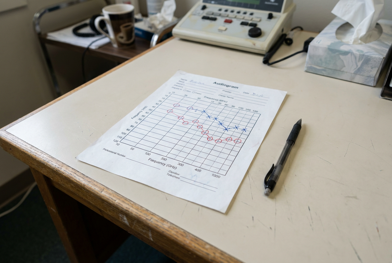 A printed audiogram chart with plotted thresholds lying on a clinic desk beside a pen