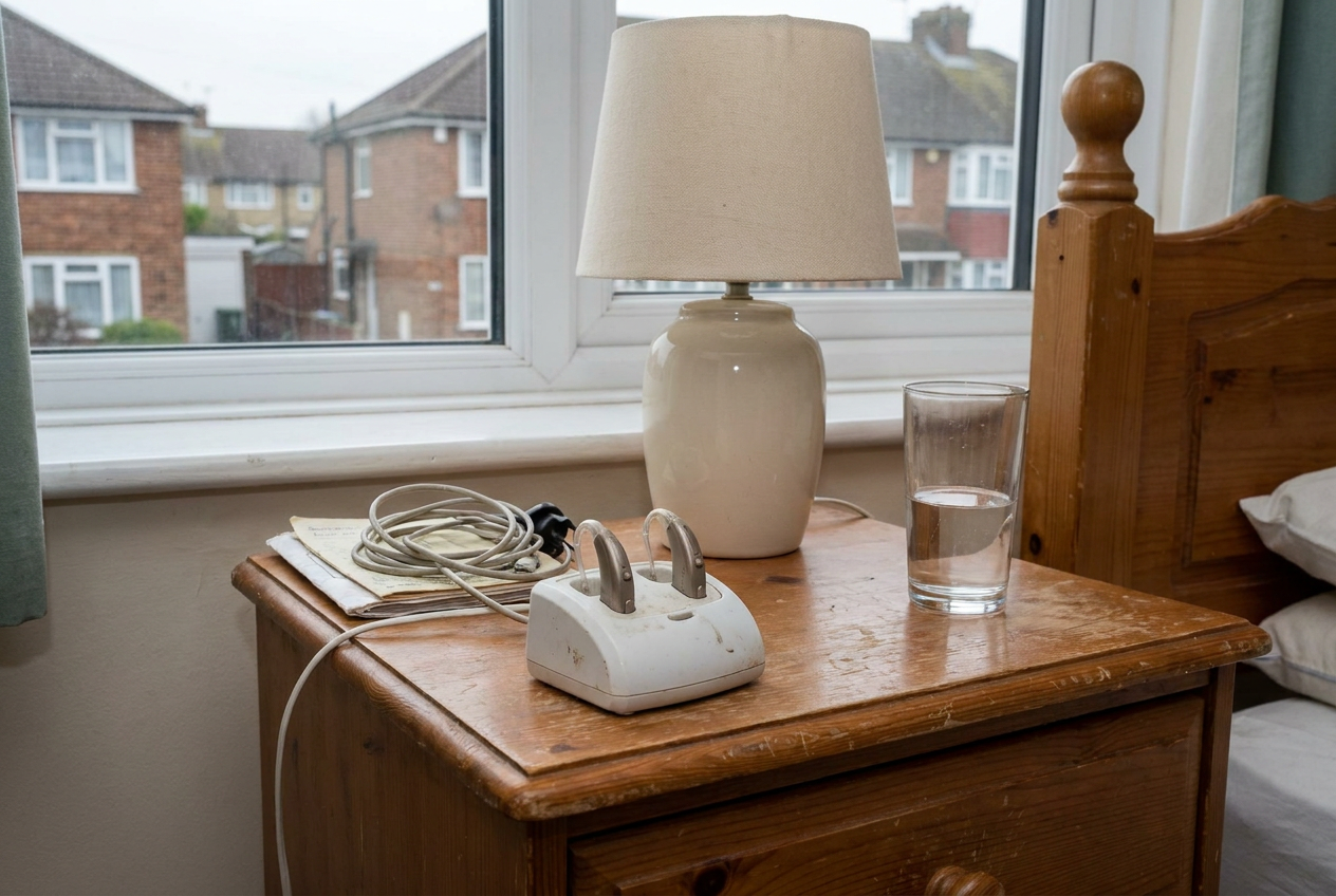 A pair of hearing aids resting in a white charging dock on a wooden bedside table by a lamp and glass of water.